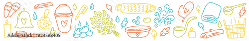 Vector collection of elements for sauna and bathhouse, hand-drawn in the style of doodle.