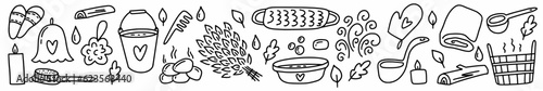 Vector collection of elements for sauna and bathhouse, hand-drawn in the style of doodle.