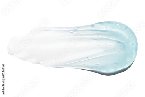 A large smear or drop of a clear blue gel, serum. On an empty transparent background.