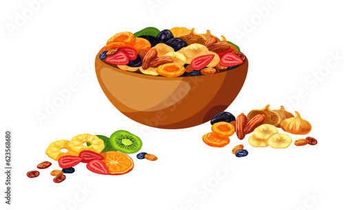 Vector illustration of a bowl with delicious dried fruits isolated on white. Dried fruits in cartoon style: pineapple, kiwi, dates, dried apricots, prunes, raisins, oranges, strawberries, bananas,figs