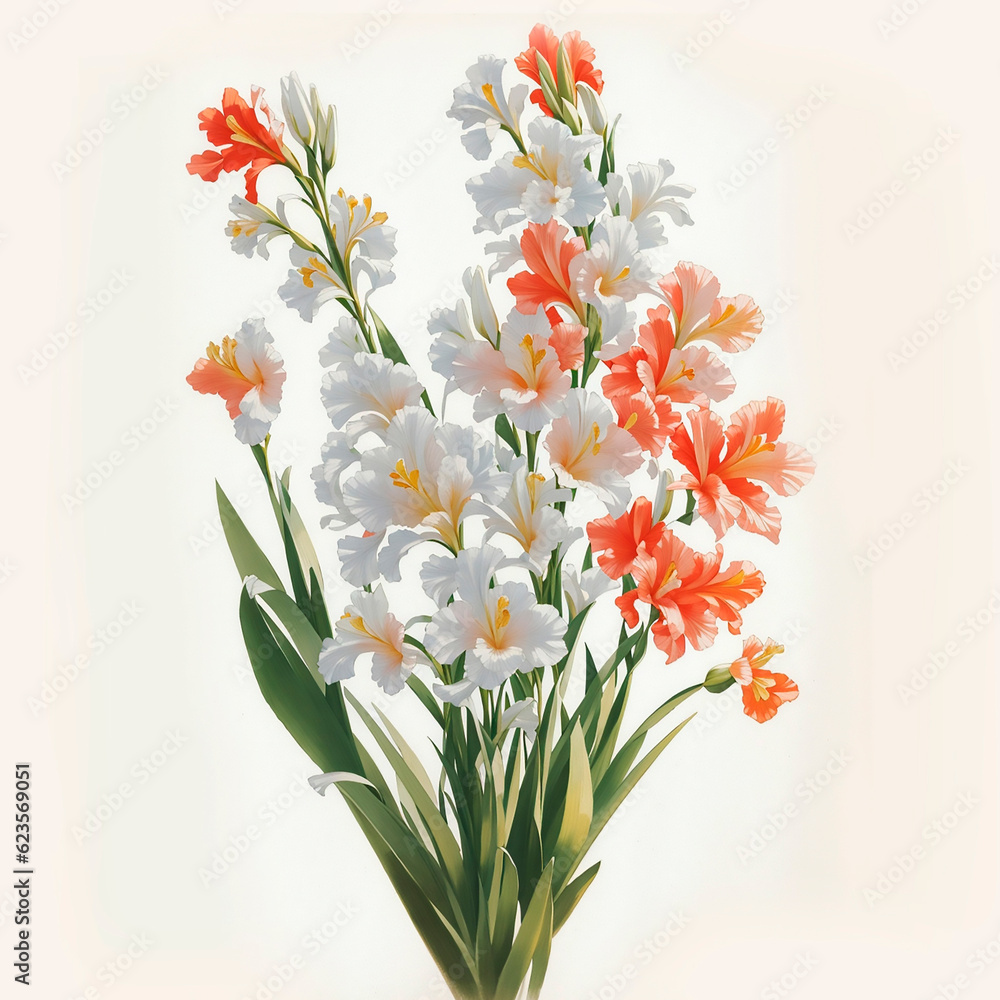 watercolor, vintage style, large beautiful bouquet of flowers, pink and white gladiolus inflorescence