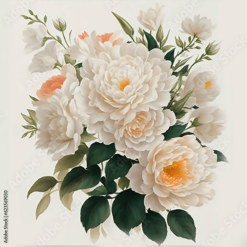 watercolor  vintage style  large beautiful bouquet of flowers  inflorescence of white peonies