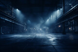 Factory building, dark and empty with lights and fog and a wet floor.