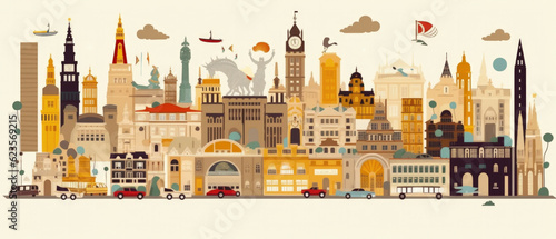 Spain Landmarks Skyline Silhouette Style, Colorful, Cityscape, Travel and Tourist Attraction - Generative AI