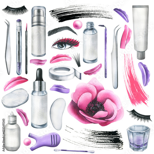 Set of professional cosmetics and tools for makers of lamination, painting eyelashes and eyebrows. Watercolor illustration, hand drawn. Isolated objects on a white background photo