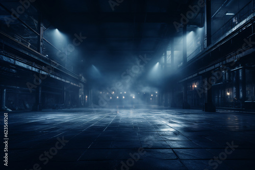 Factory building, dark and empty with lights and fog and a wet floor.