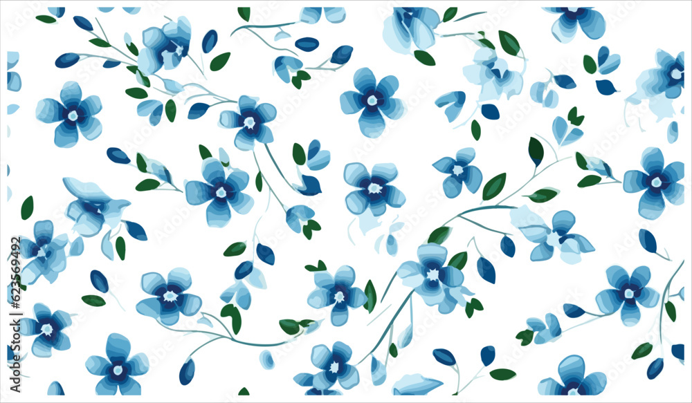 Blue flower with green leaves seamless pattern with green leaves for digital printing Blue flower with green leaves seamless pattern with green leaves for digital printing