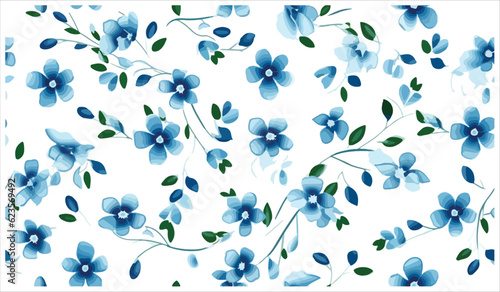 Blue flower with green leaves seamless pattern with green leaves   for digital printing