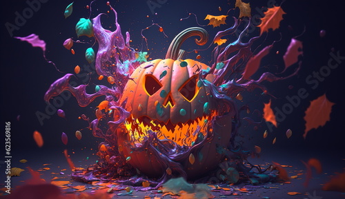 Conceptual bright wallpaper for Halloween with a pumpkin with a sinister face and bright splashes.Generative AI