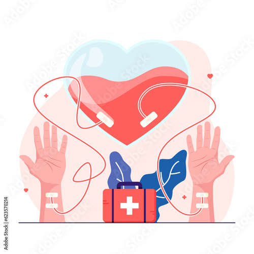 Donor arm is delivering blood to the recipient of the heart-shaped blood bag