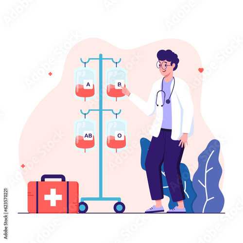 Doctor stands next blood bag with label different blood group A, B, O and Rh system