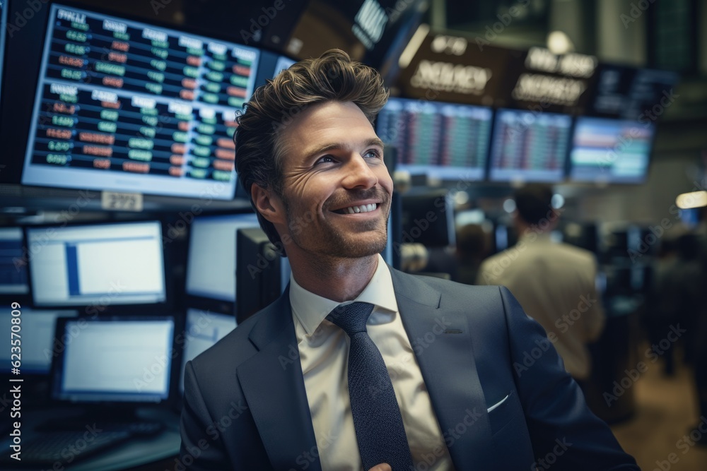 Success at stock market, broker businessman looks happy at rising financial graph charts, candlestick charts, created with Generative AI Success at stock market, broker businessman looks happy at rising financial graph charts, candlestick charts, created with Generative AI