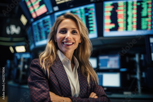 Success at stock market, broker businesswoman looks happy at rising financial graph charts, candlestick charts, created with Generative AI