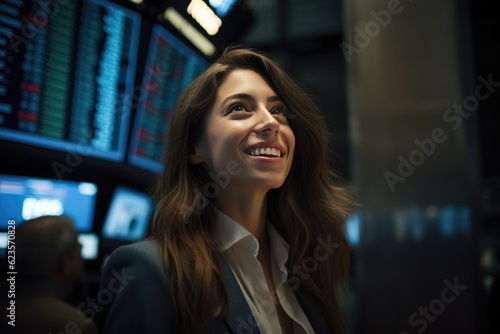 Success at stock market  broker businesswoman looks happy at rising financial graph charts  candlestick charts  created with Generative AI