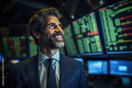 Success at stock market, broker businessman looks happy at rising financial graph charts, candlestick charts, created with Generative AI