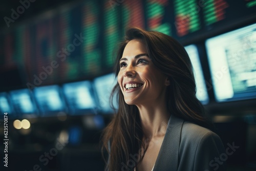 Success at stock market, broker businesswoman looks happy at rising financial graph charts, candlestick charts, created with Generative AI