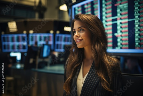Success at stock market, broker businesswoman looks happy at rising financial graph charts, candlestick charts, created with Generative AI