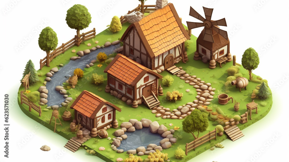 Isometric farm land and middle age houses gaming icon style, illustration on white background