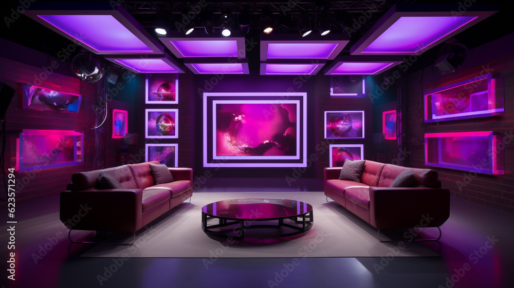 Immersive TV studio stage, with led and spotlights lights and luxury ...