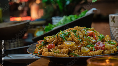 Healthy pasta salad in hotel restaurant buffet
