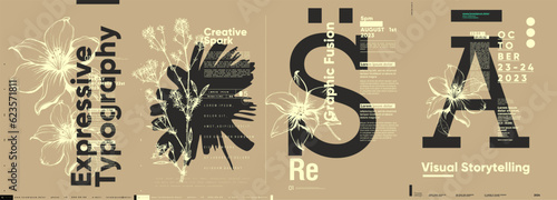 Typographic design and minimalistic background elements. A set of vector elements for designing posters, labels, banners.  Brochure template layout. Modern vector graphics.