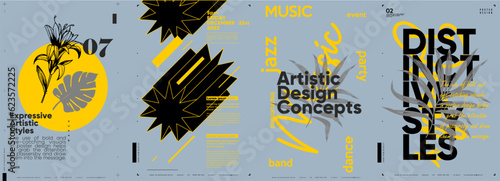 Typographic design and minimalistic background elements. A set of vector elements for designing posters, labels, banners.  Brochure template layout. Modern vector graphics.