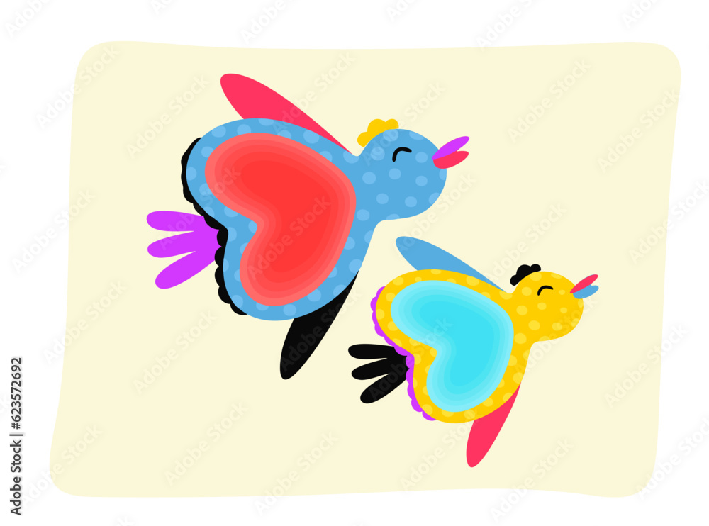Two birds in flight. Vector cute illustration.