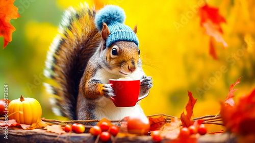 A cute squirrel in a knitted hat drinks tea from a cup against the backdrop of an autumn forest.Beautiful card for Thanksgiving.Generative AI