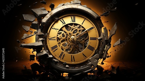Gold colour clock broken into pieces , wasting time concept, time is value like a money