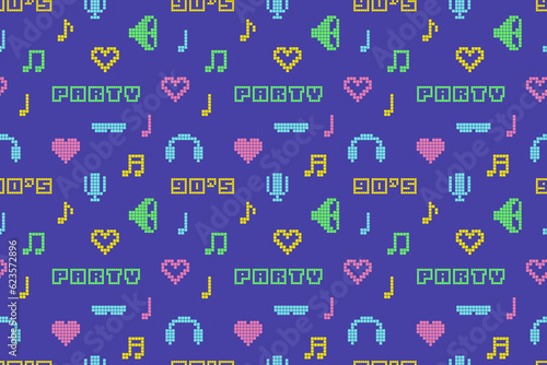 Abstract pixel 90s style seamless pattern of bright multicolored old-fashioned icons from nineties on blue background