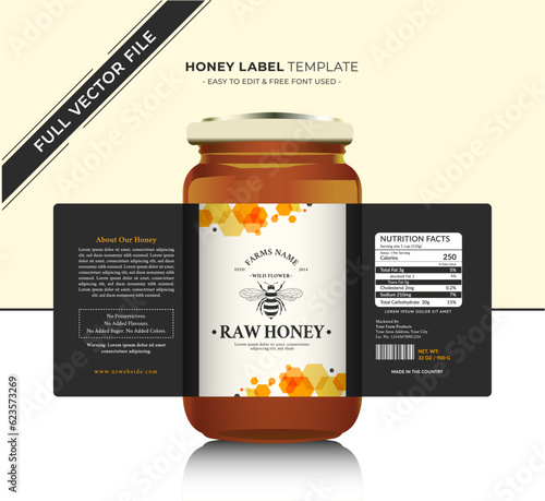 Honey label honey sticker polygon banner with honey design natural bee honey glass jar bottle sticker creative product packaging idea, white minimal background healthy organic food product black label