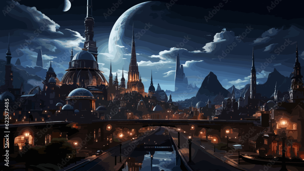 fantasy city castle at night