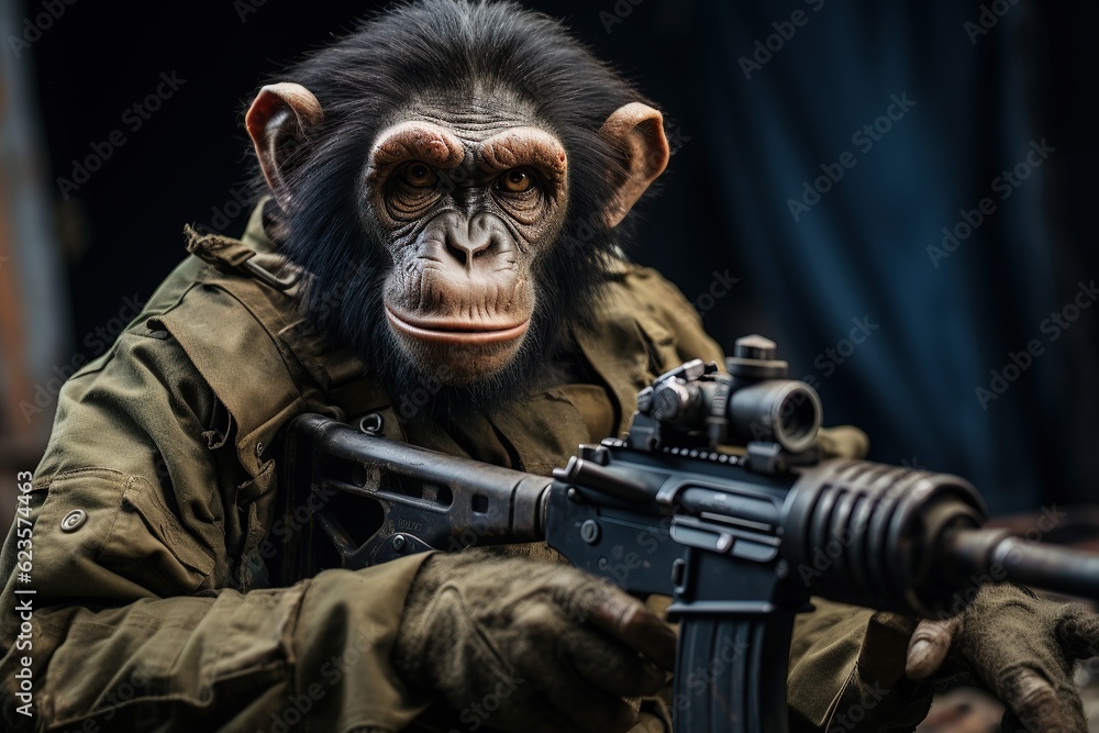 Monkey with a machine gun, aggressive dangerous animal, AI generation Monkey with a machine gun, aggressive dangerous animal, AI generation