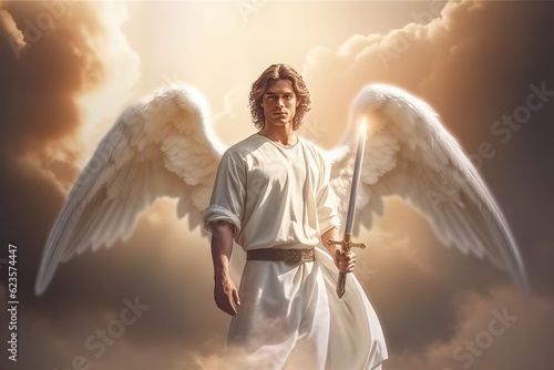 A shining angel in white clothes with a sword in his hand in the sky on the clouds, a defender of goodness and justice, a warrior of light, generation AI
