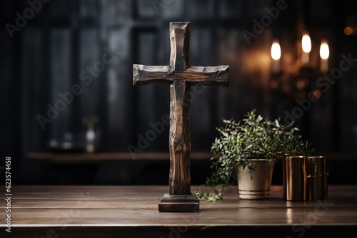 Old wooden cross in a church on a table on a blurred background, AI generation