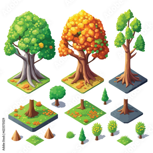 Trees and bushes environment for landscape design, decorative nature elements isometric shape for game assets. Isolated on background. Design element.