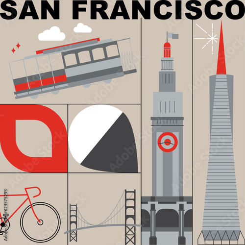 Typography word "San Francisco" branding technology concept. Collection of flat vector web icons, culture travel set, famous architectures, specialties detailed silhouette. American famous landmark.