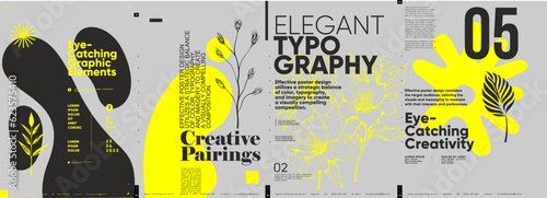 Typographic design and minimalistic background elements. A set of vector elements for designing posters, labels, banners.  Brochure template layout. Modern vector graphics.