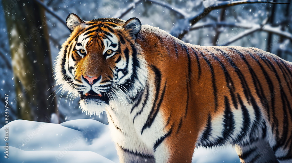 A beautiful tiger looks straight into the frame while in a snowy forest.Generative AI