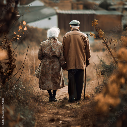 Happy seniors home back Ooutdoors. Elderly man and woman staying near their home. Back view happy elderly couple. Realistic 3D illustration. Generative AI photo