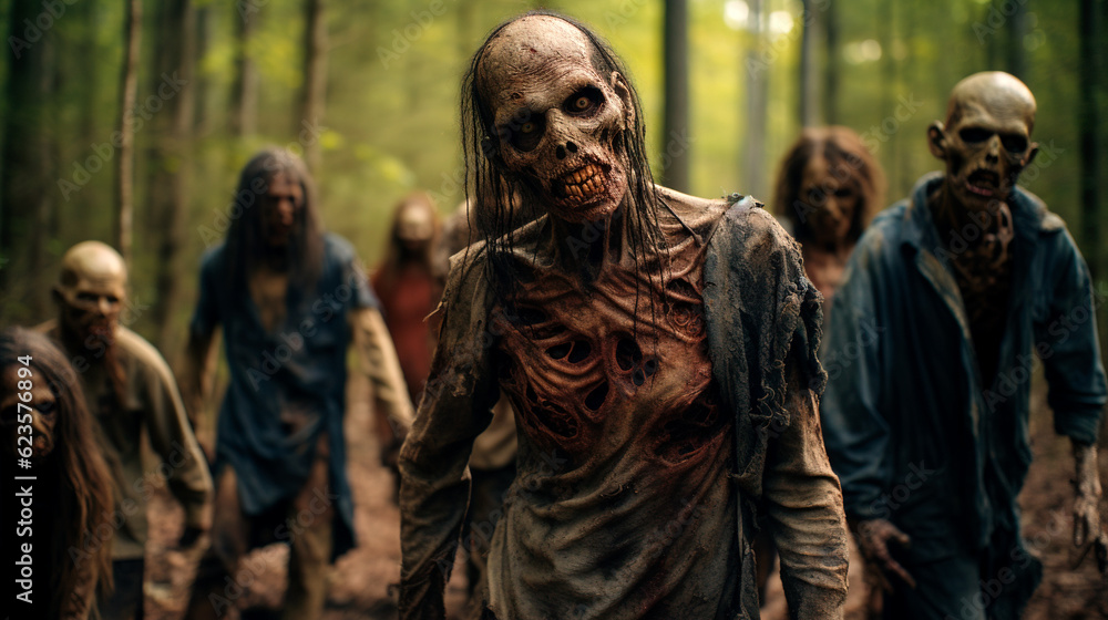 A group of zombies is standing in the woods with faded eyes and decomposed flesh and teeth.