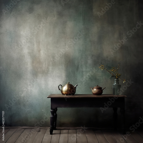 Antique wall interior illustration with dark khaki and gray colors. Room with full wall in one corner there is a wooden table with a teapot on top. Realistic 3D illustration. Generative AI