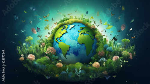3D earth illustration, green nature environment, concept of ecology and sustainable development goals 