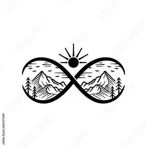 Mountain outdoor infinity logo. Nature adventure vector vintage drawing illustration
