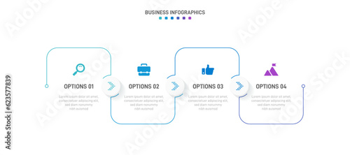 Timeline infographic with infochart. Modern presentation template with 4 spets for business process. Website template on white background for concept modern design. Horizontal layout.