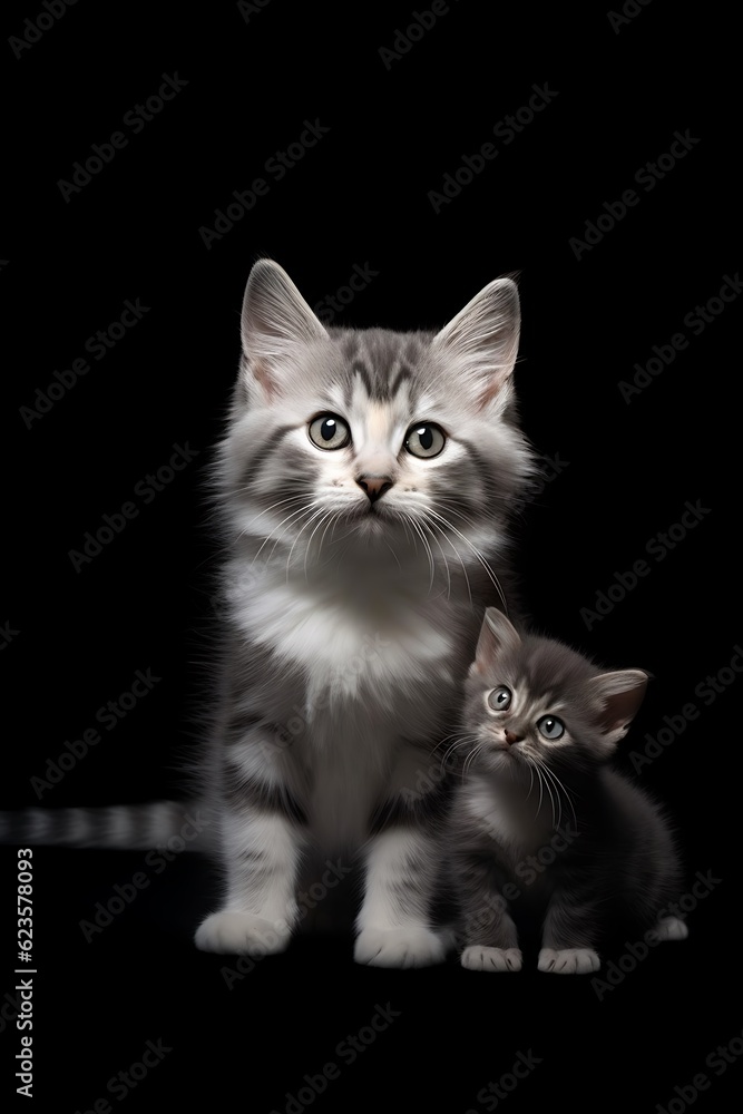 Maine Coon kitten with black tabby kitten on black background ai generated
