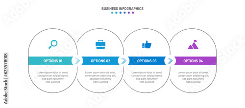 Timeline infographic with infochart. Modern presentation template with 4 spets for business process. Website template on white background for concept modern design. Horizontal layout.
