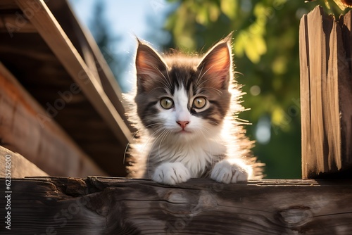 Cute little kitten sitting on a wooden fence in the sunlight ai generated © Gorilla Studio