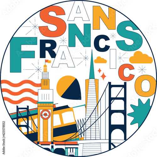 Typography word "San Francisco" branding technology concept. Collection of flat vector web icons, culture travel set, famous architectures, specialties detailed silhouette. American famous landmark.