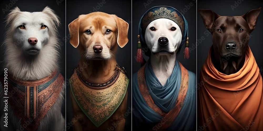 portrait of four different breeds of dogs with different historical ethnic dresses portrait of four different breeds of dogs with different historical ethnic dresses